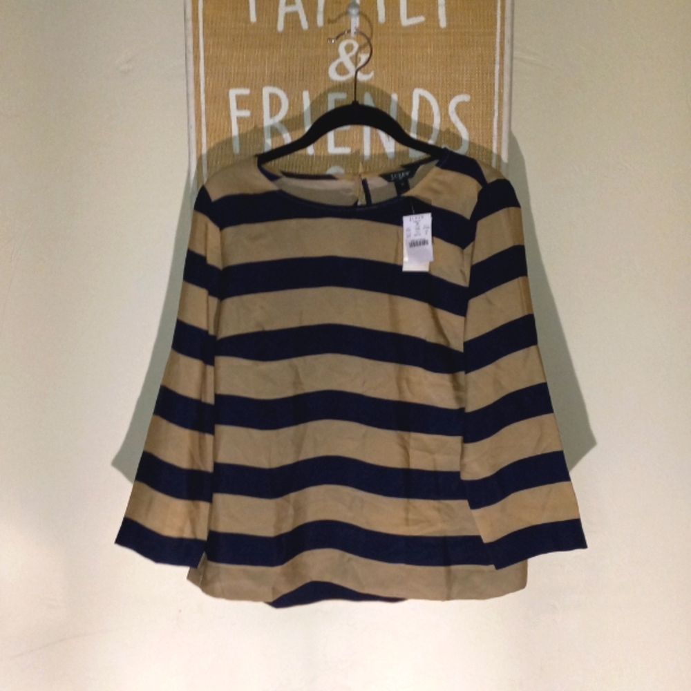 J Crew Tan and Navy Striped summer blouse NWT sz M